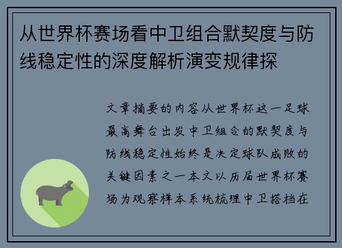 从世界杯赛场看中卫组合默契度与防线稳定性的深度解析演变规律探